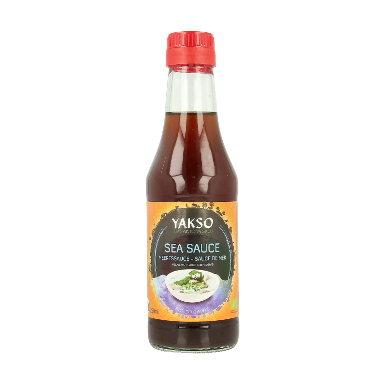 Yakso Sea Saus vegan bio 250ml bottle with label, organic sea flavor sauce for cooking and seasoning