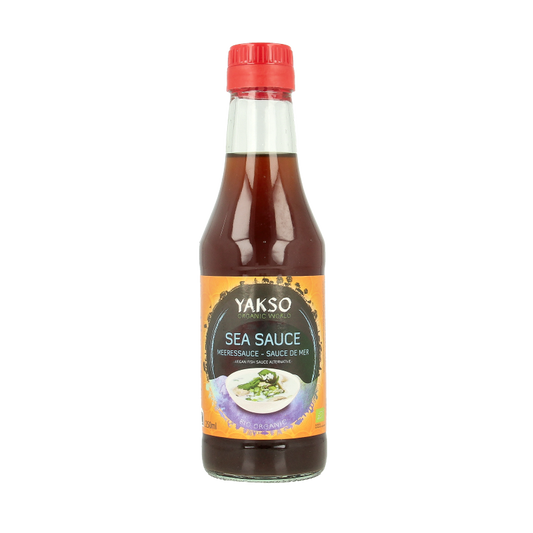 Yakso Sea Saus vegan bio 250ml bottle with label, organic sea flavor sauce for cooking and seasoning