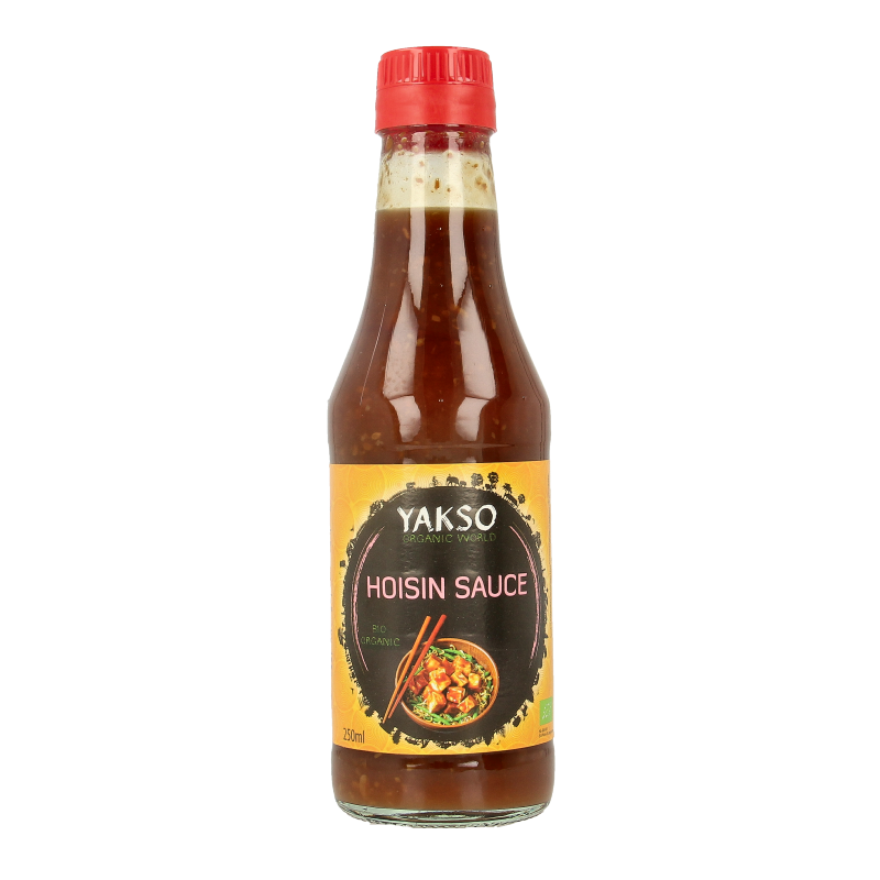 Organic Yakso hoisin sauce in a 250ml bottle, showcasing the label and product packaging.