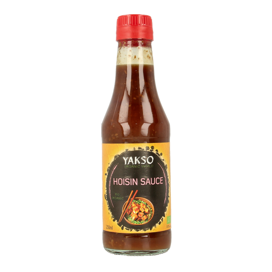 Organic Yakso hoisin sauce in a 250ml bottle, showcasing the label and product packaging.