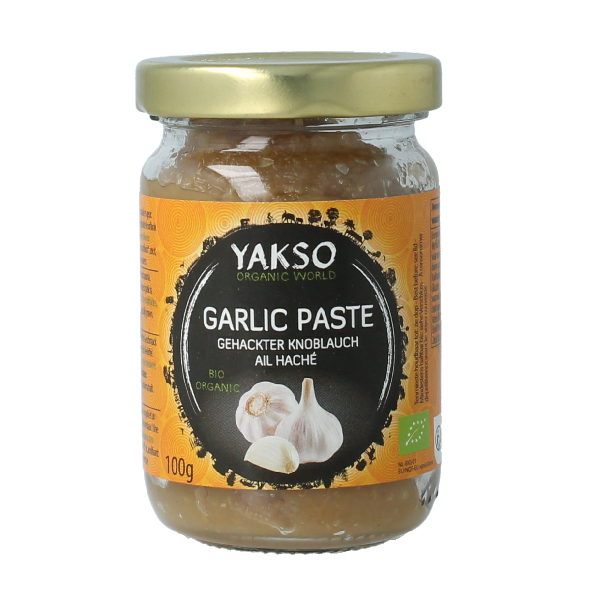 Organic chopped garlic from Yakso in a 100g package, shown in a clear image of the product packaging.