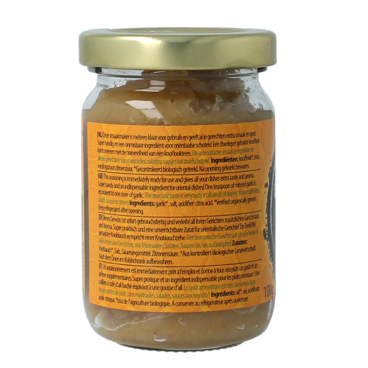 Organic chopped garlic from Yakso, 100g, in a clear container, ideal for cooking and seasoning in herbs, salts, and meal mixes.