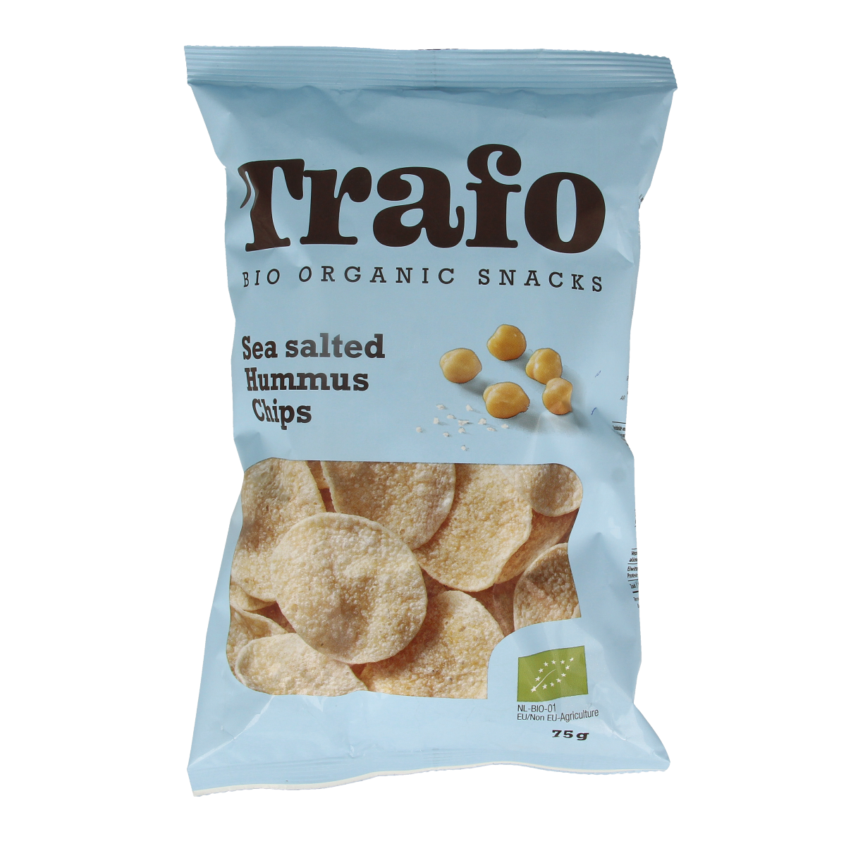 Trafo Hummus Chips with sea salt in 75g bio packaging, showing crispy chips with sea salt seasoning.
