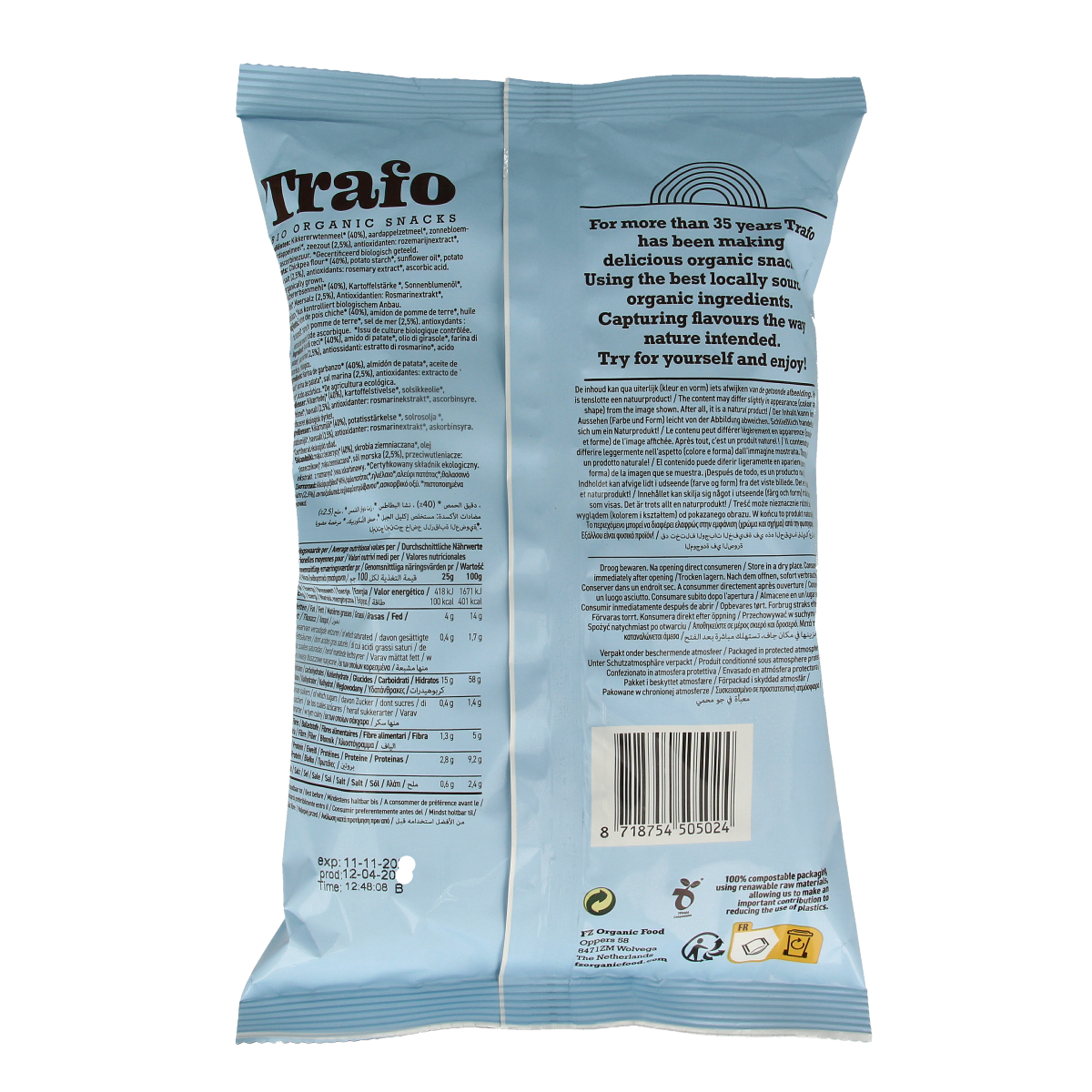 Trafo Hummus Chips with sea salt in a 75g package, crispy organic chips with a hint of sea salt, from the Trafo brand.