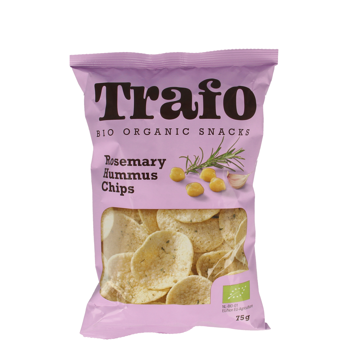 Trafo bio rosemary hummus chips in a 75g bag, featuring crispy chips with rosemary flavor and natural ingredients.