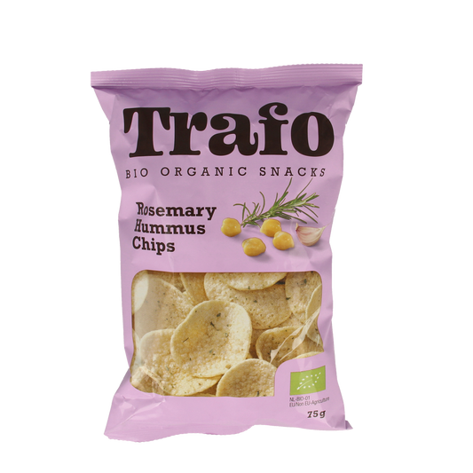 Trafo bio rosemary hummus chips in a 75g bag, featuring crispy chips with rosemary flavor and natural ingredients.