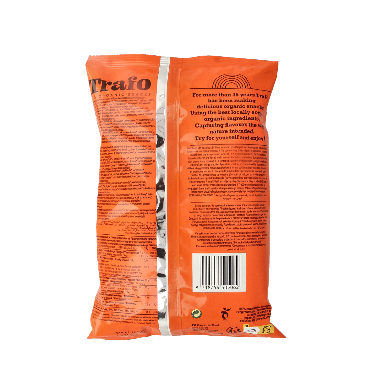 Trafo Hummus Chips Paprika bio, 75g, crispy chips with paprika flavor, natural ingredients, in a colorful snack package