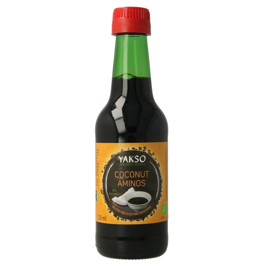 Yakso Kokos aminos bio sauce bottle, 250ml, natural soy sauce alternative, in clear container with label and cap.
