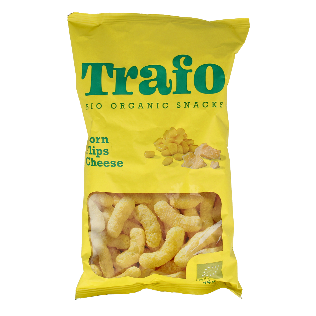 Trafo Corn Flips Cheese Bio chips in 75g package, featuring crunchy corn snacks with cheese flavor and natural ingredients.
