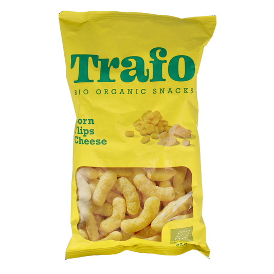Trafo Corn Flips Cheese Bio chips in 75g package, featuring crunchy corn snacks with cheese flavor and natural ingredients.