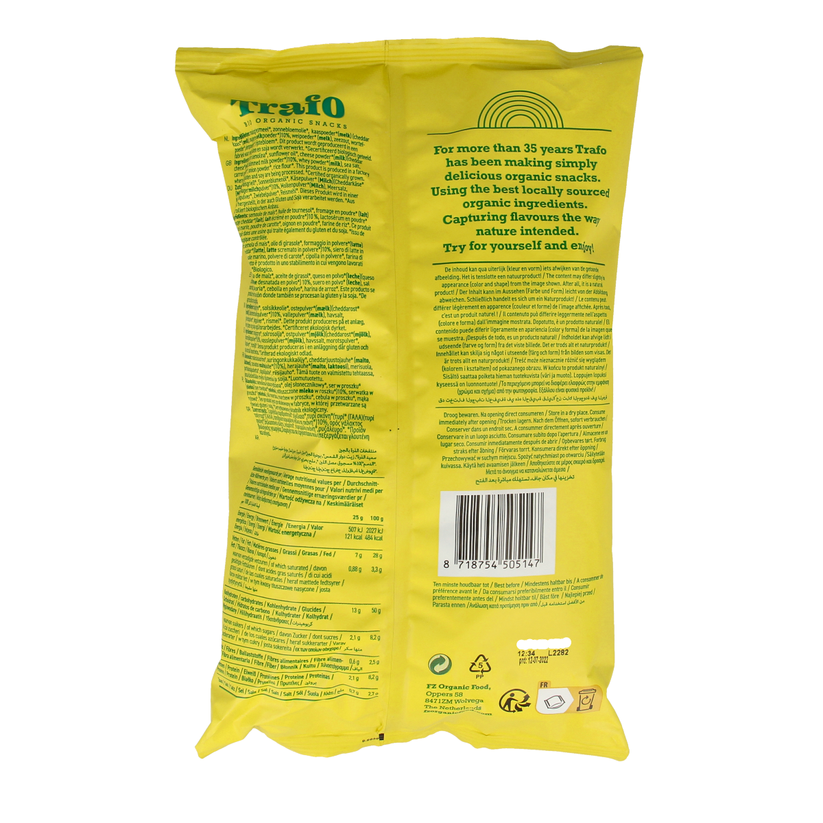 Trafo Corn Flips Cheese Bio chips and zoutjes, 75g bag, crispy snack with cheese flavor, in colorful packaging.