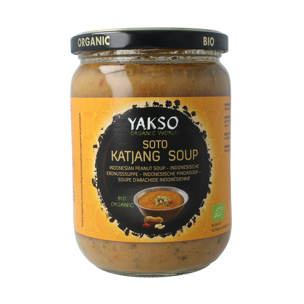 Yakso Soto katjang bio sauce in a 500ml bottle, natural soy sauce and flavor enhancer, shown in a clear container.