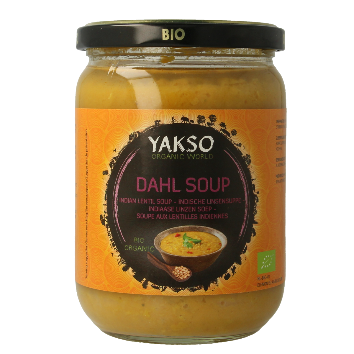 Yakso Dahl bio soup and broth, 500ml bottle, natural organic product with a label showing the brand and product details.