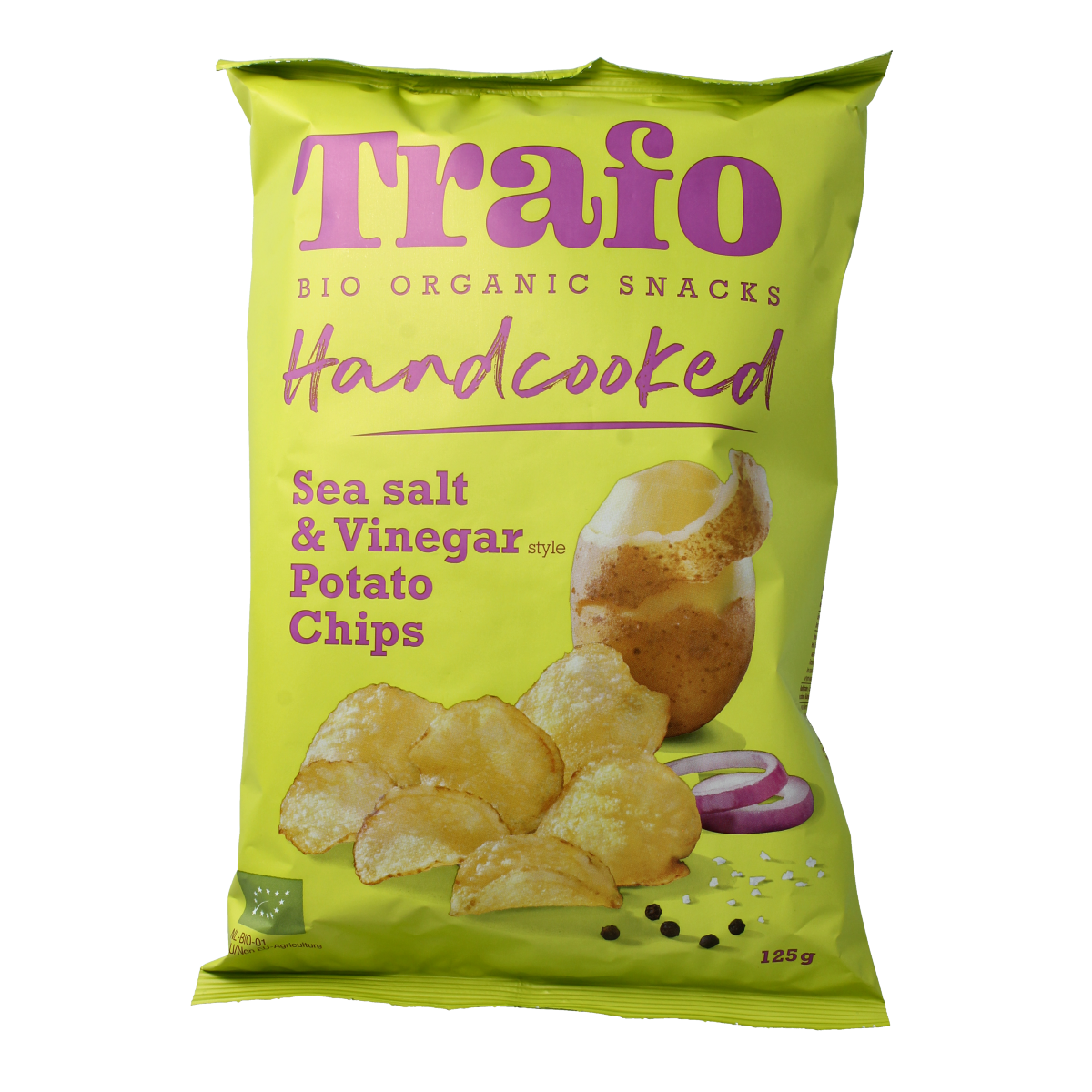 Trafo handcooked salt and vinegar bio chips in 125g bag, crispy snack with natural ingredients and savory flavor.