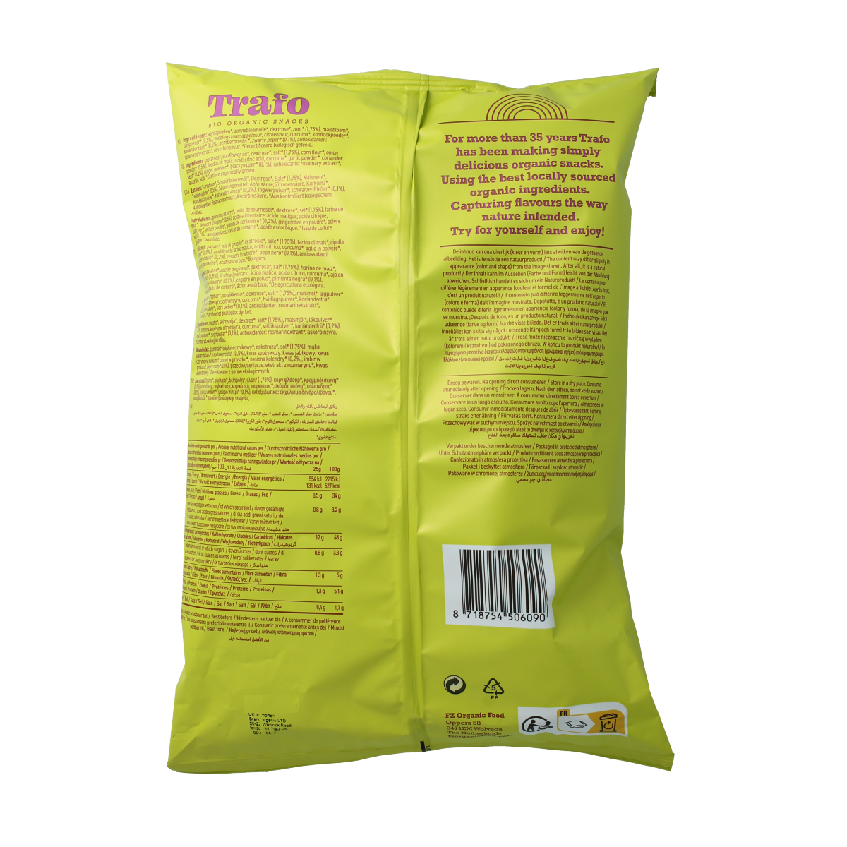 Trafo hand-cooked salt and vinegar bio chips in 125g bag showing crispy chips with salt and vinegar seasoning