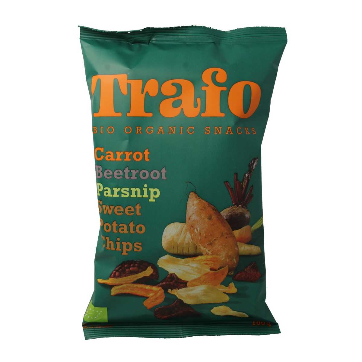 Trafo Bio groente chips in 100g bag, healthy snack with vegetables, crispy and crunchy, from the Trafo brand.