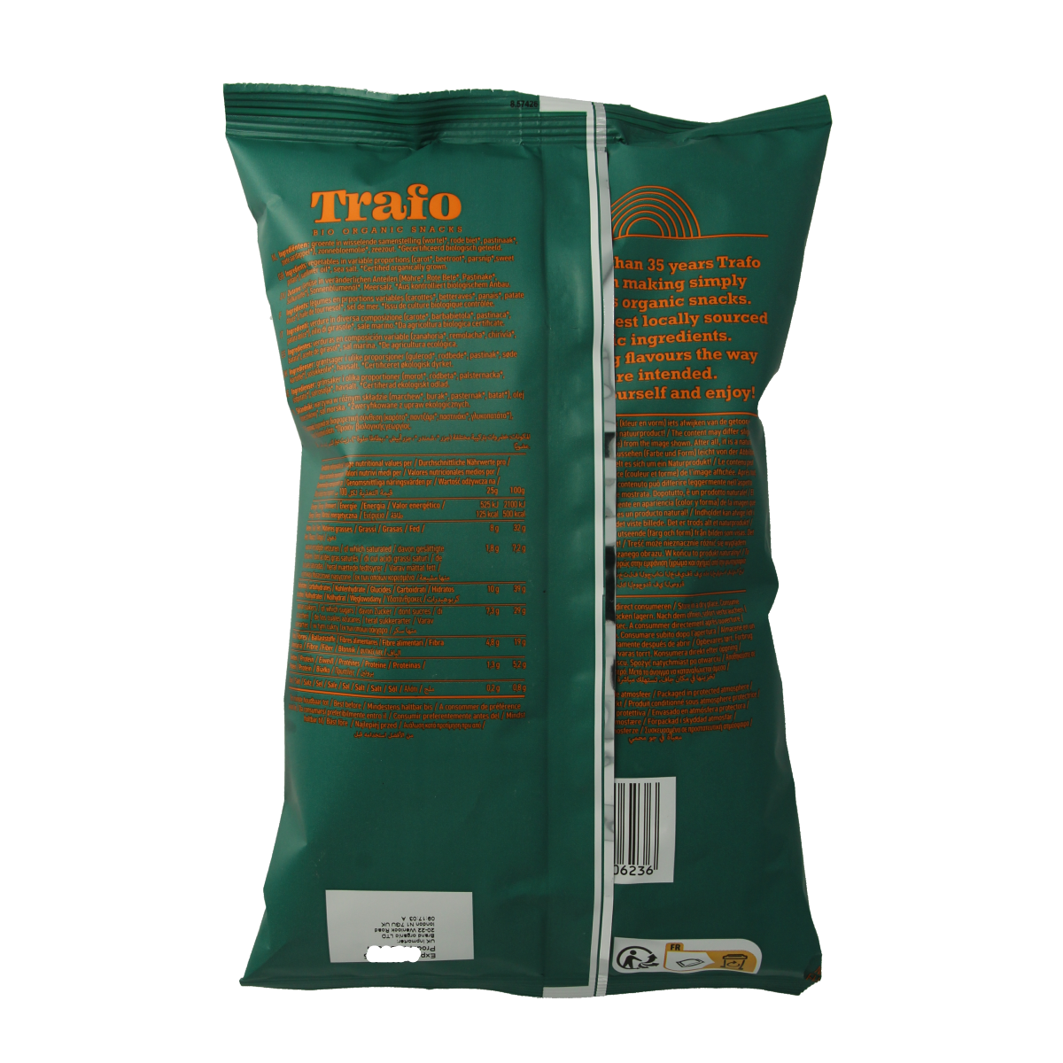 Trafo bio groente chips in 100g bag, healthy vegetable snack with salt, natural ingredients, and colorful vegetable slices.