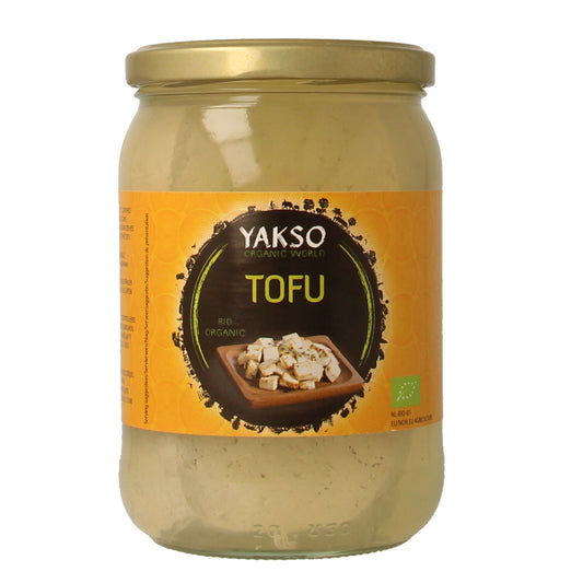 Organic Yakso tofu 500g, ready-to-eat plant-based meal, shown in a close-up image highlighting the tofu's texture and packaging.