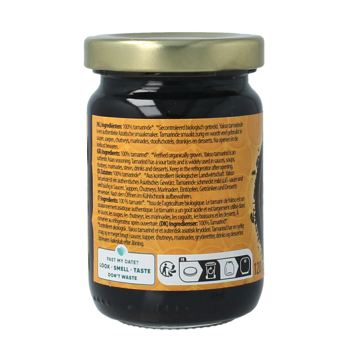Organic Yakso tamarind concentrate in 120g jar, used as a flavorful sauce and seasoning in cooking.