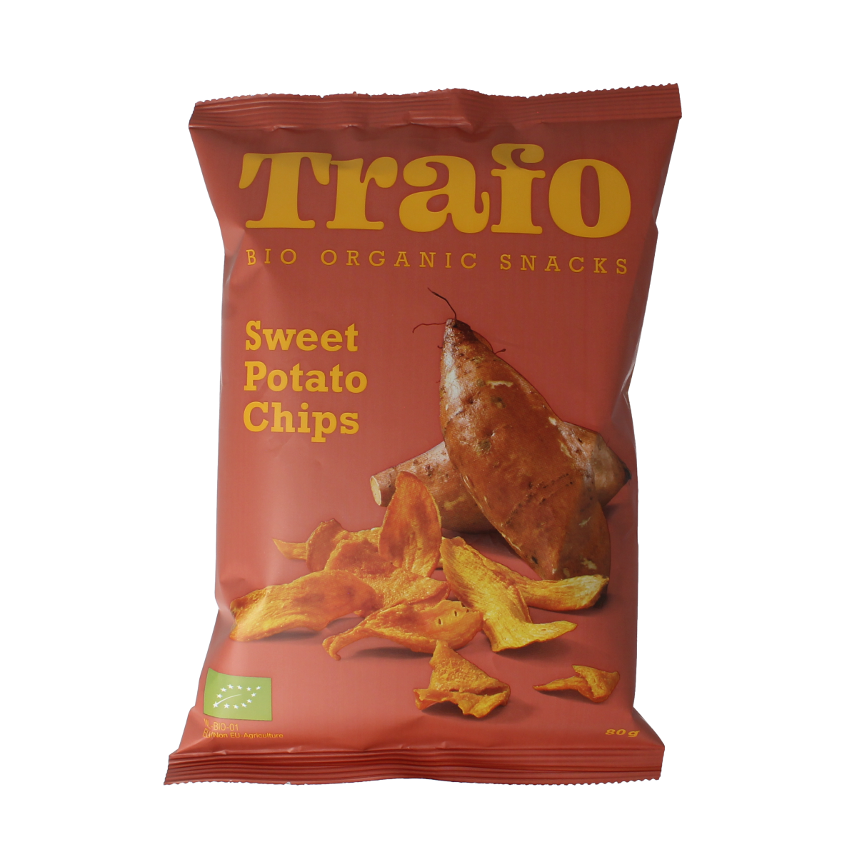Trafo Bio zoete aardappel chips in 80g package, crunchy and natural snack from Trafo, part of Chips en Zoutjes collection.