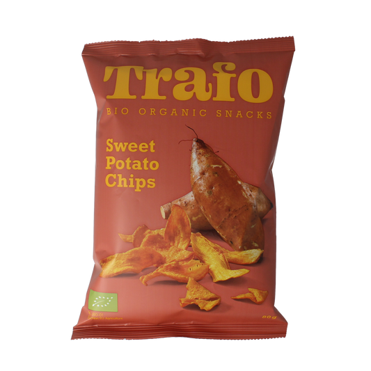 Trafo Bio zoete aardappel chips in 80g package, crunchy and natural snack from Trafo, part of Chips en Zoutjes collection.