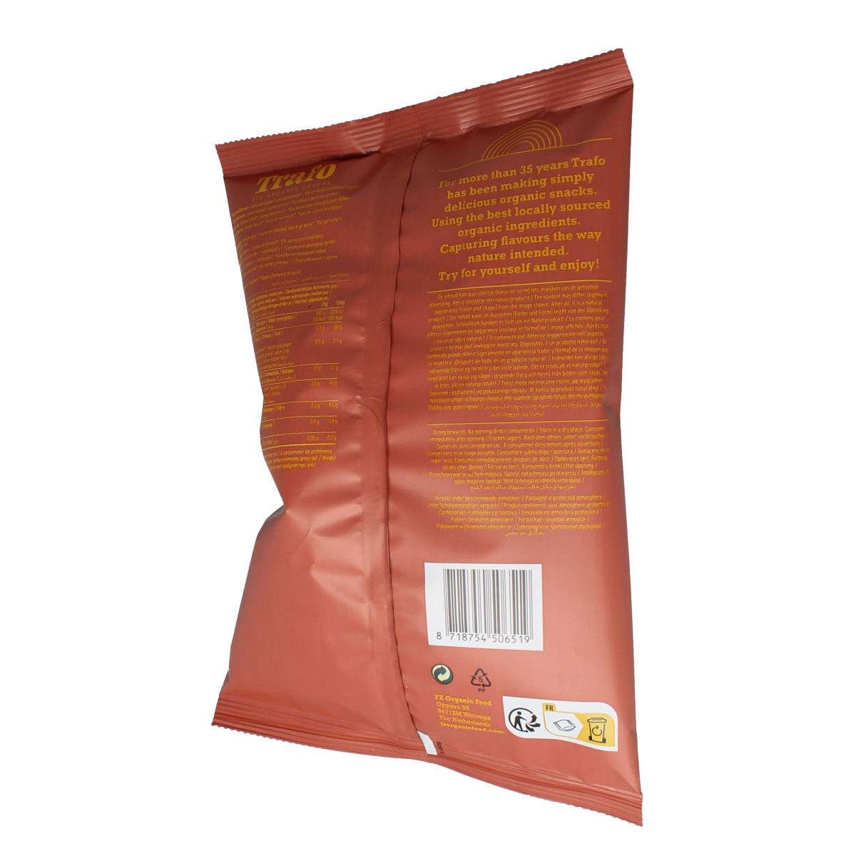 Trafo bio zoete aardappel chips in 80g package, crispy and golden, from the Trafo brand, part of chips en zoutjes product line.