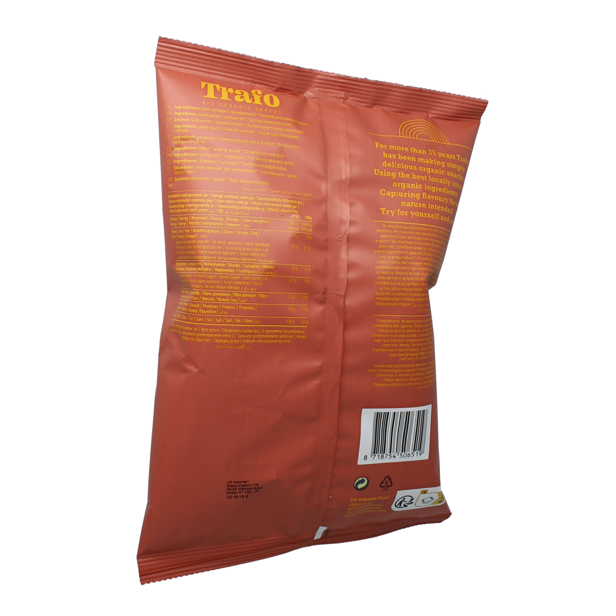 Trafo bio zoete aardappel chips in 80g bag, crispy, orange-colored snack from Trafo, part of Chips en Zoutjes collection.