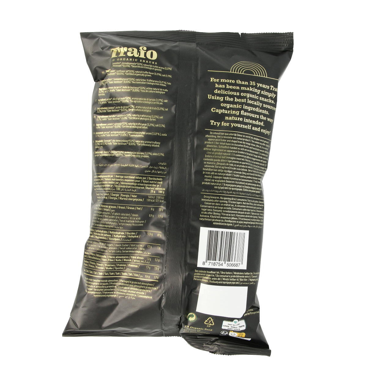 Trafo bio truffle-flavored chips, 100g, salted snack with visible chips and truffle seasoning on surface