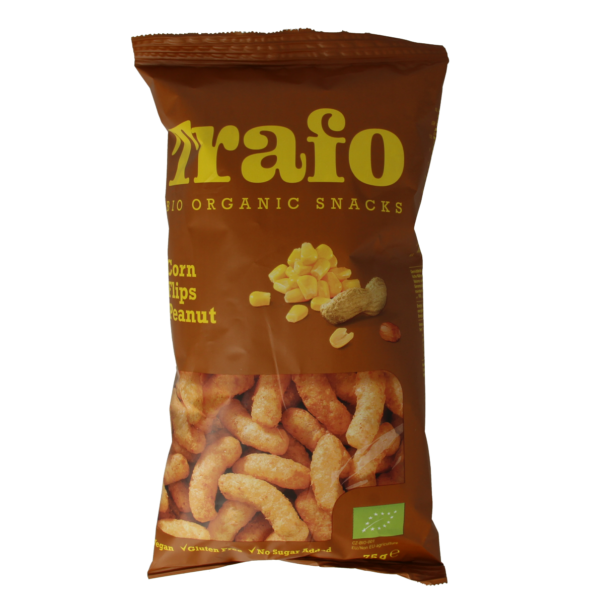 Bio Trafo Corn Peanuts snack in a 75g package, featuring crunchy corn and peanut mixture in a resealable bag.