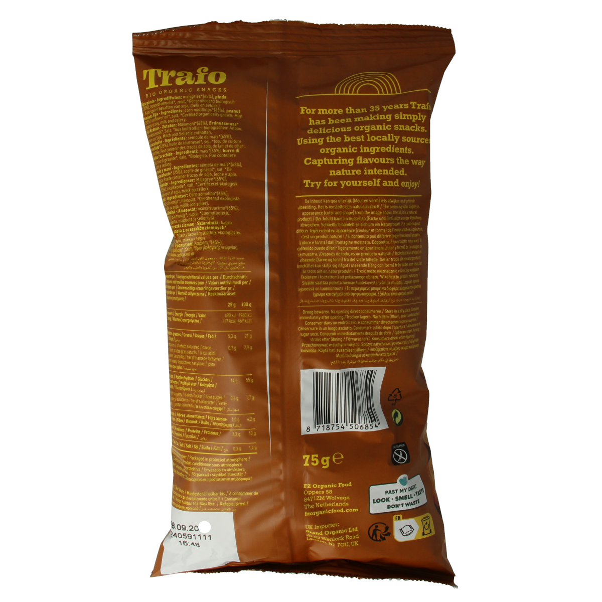 Trafo bio corn peanuts snack in 75g package, healthy organic snack with crunchy corn and peanut mix.