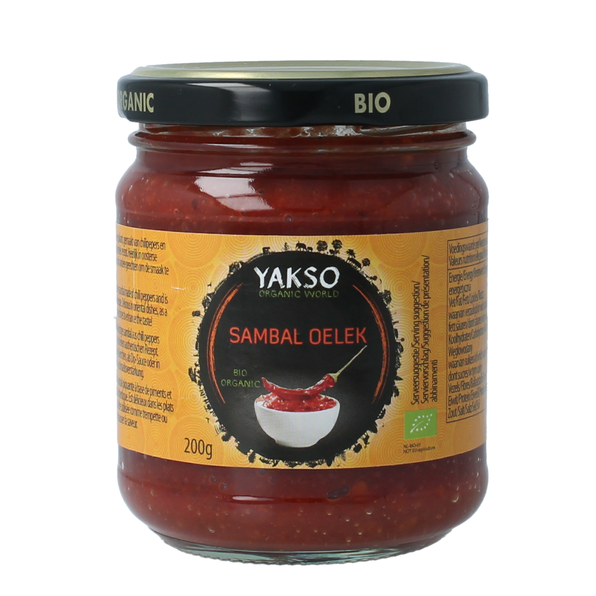Yakso Sambal Oelek bio sauce in 200g jar, spicy Indonesian chili paste with natural ingredients, in a clear glass jar.