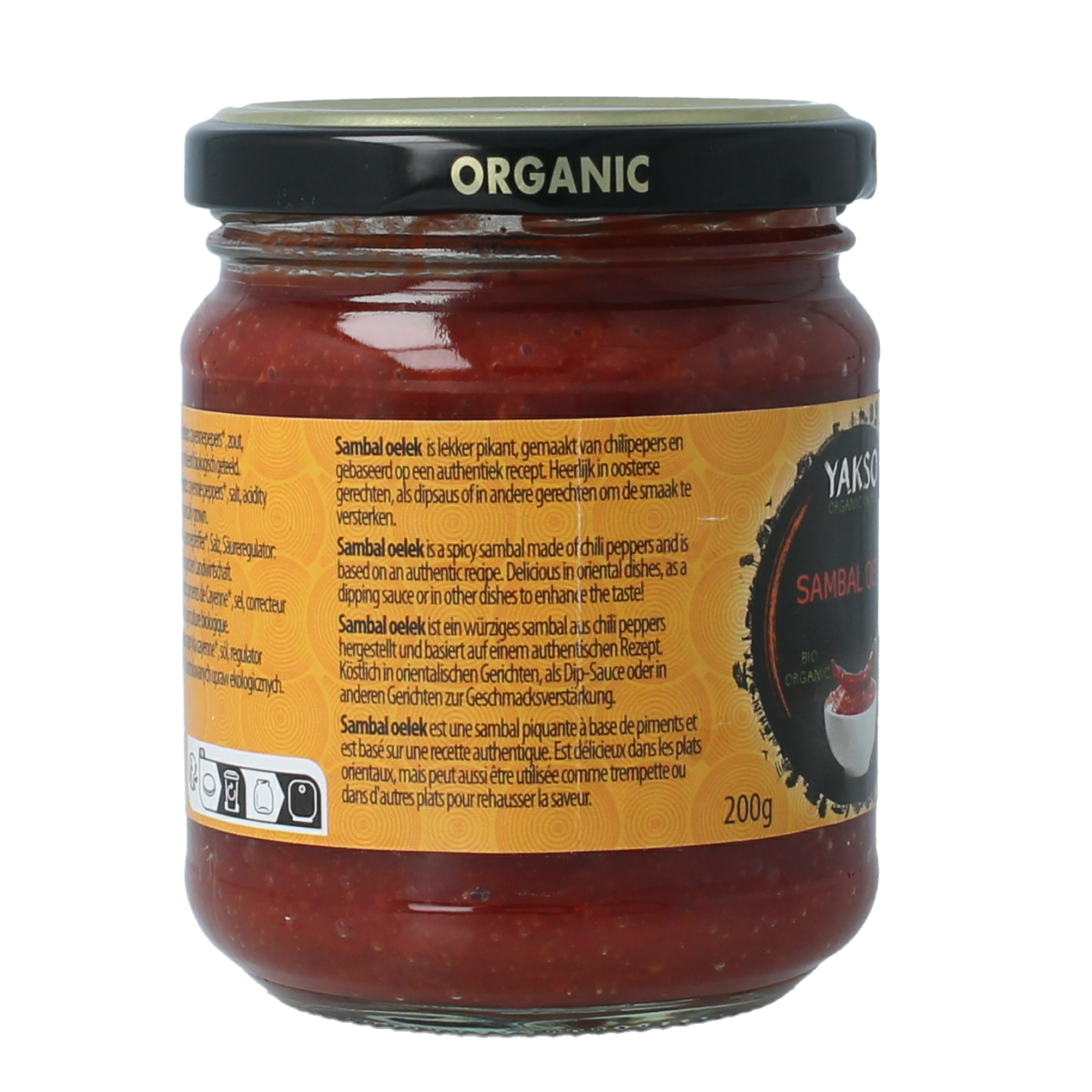 Yakso Sambal Oelek bio chili sauce in 200g jar, featuring vibrant red chili peppers and fresh garlic on a neutral background.