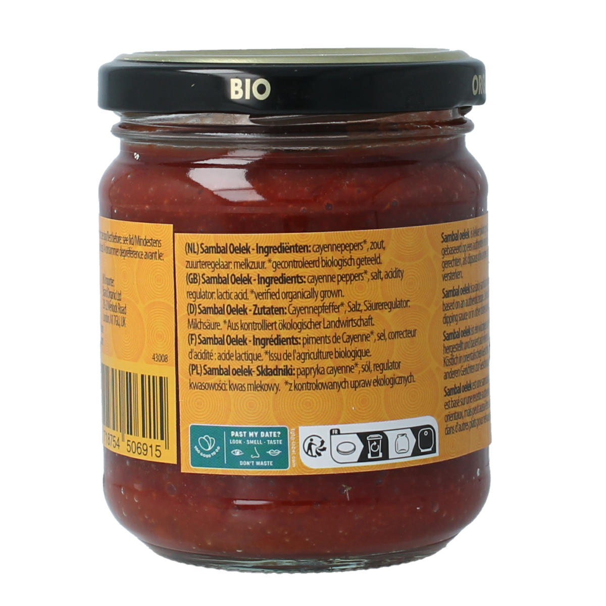 Yakso Sambal Oelek bio sauce in 200g jar, made with organic chili peppers, used as a spicy condiment or cooking ingredient.