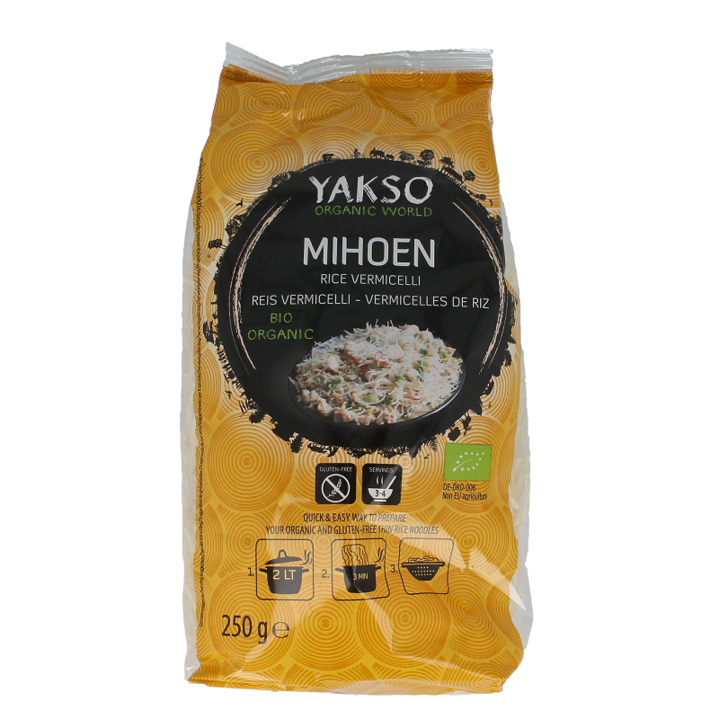 Yakso Mihoen bio pasta and rice noodles in 250g package, natural and organic product from Yakso.