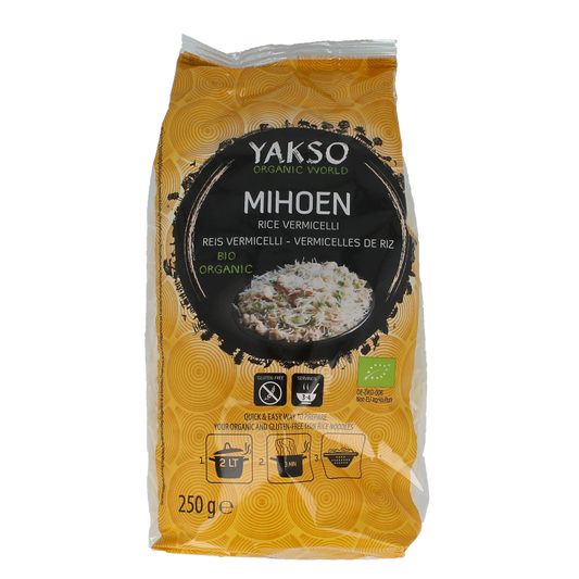 Yakso Mihoen bio pasta and rice noodles in 250g package, natural and organic product from Yakso.