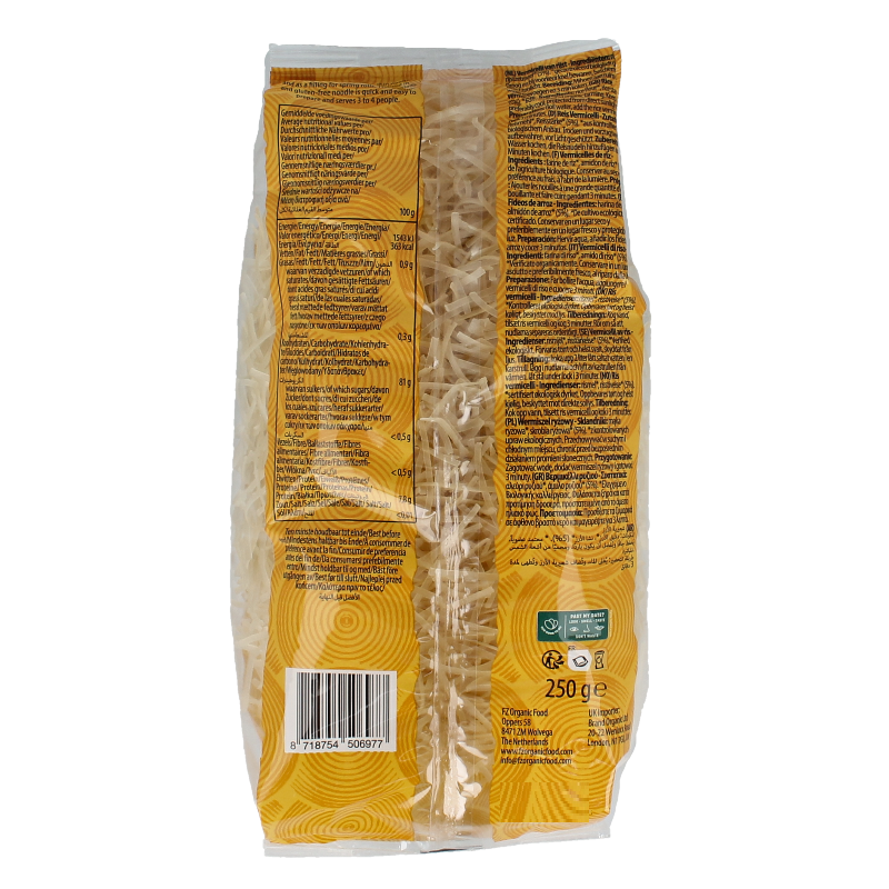 Organic Yakso Mihoen rice and pasta product in 250g package, showing the packaged pasta on a clean surface