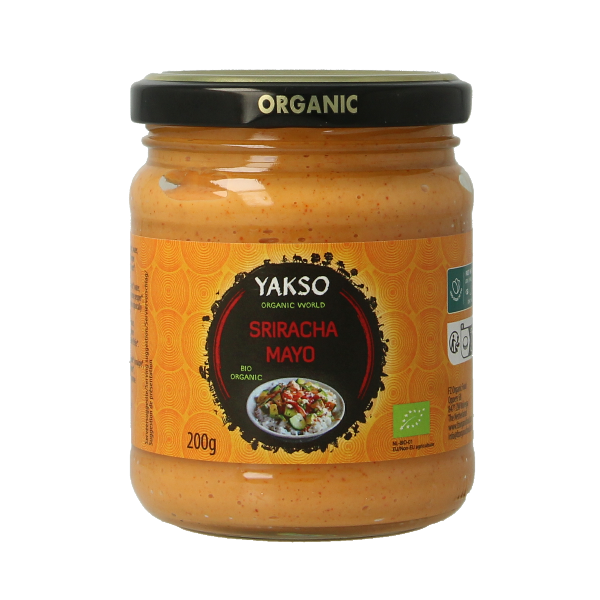 Yakso Sriracha mayonnaise bio in 200g jar, creamy sauce with spicy Sriracha flavor, for sandwiches and dipping.