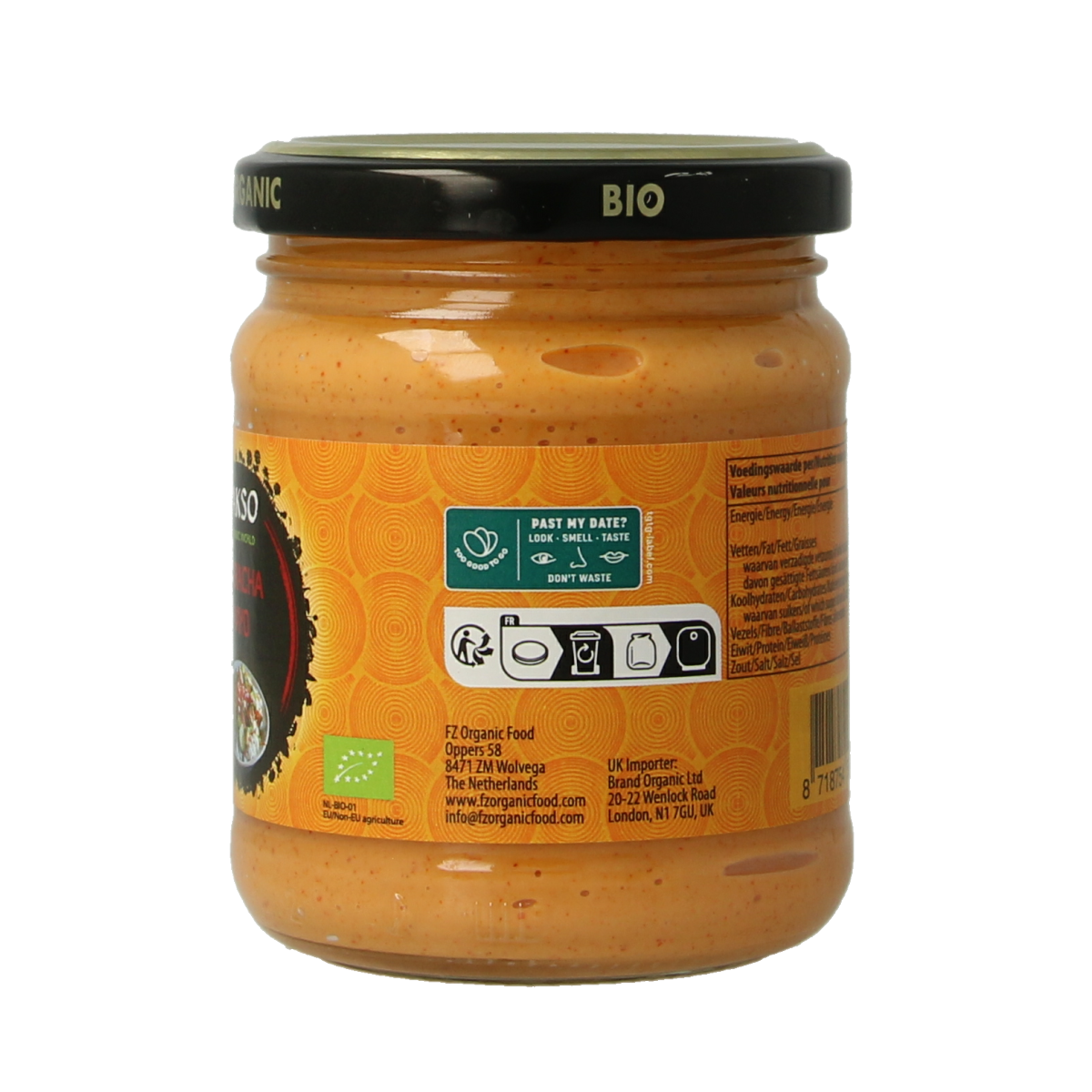 Yakso Sriracha mayonnaise bio in 200g jar, creamy sauce with spicy Sriracha flavor, ideal for sandwiches and dipping.