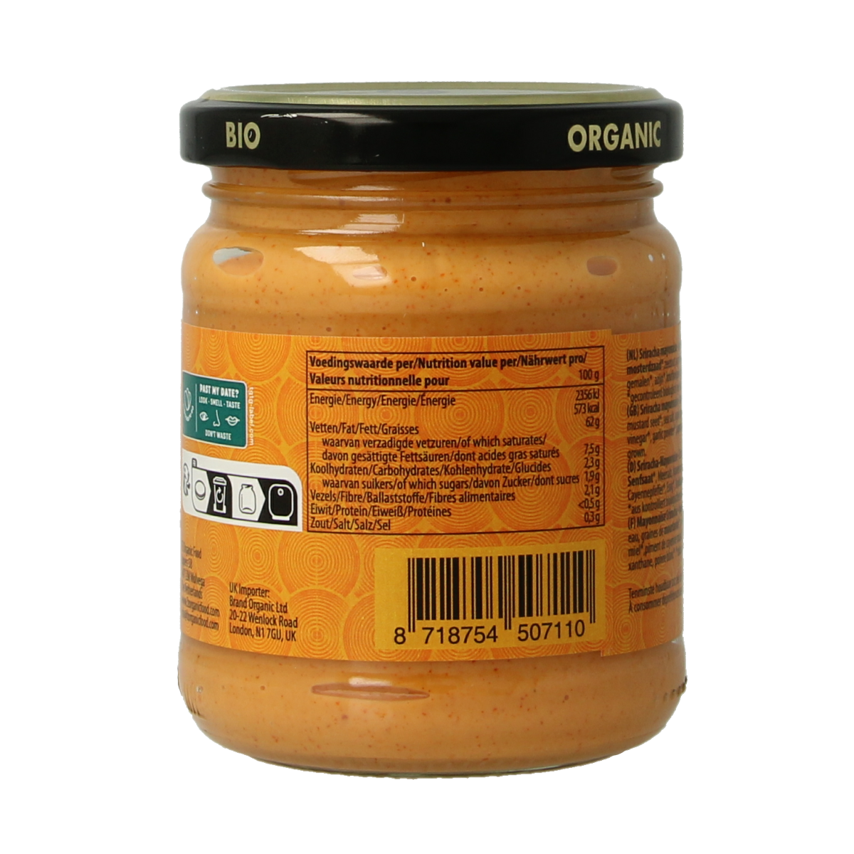 Yakso Sriracha mayonnaise bio in 200g jar, creamy condiment with spicy Sriracha flavor, perfect for sandwiches and dips.