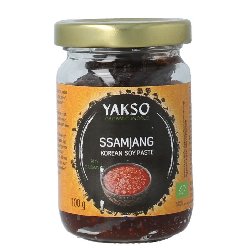Yakso Ssamjang bio sauce in 100 grams, featuring a jar of organic Korean-style dipping sauce with spicy and savory flavors.