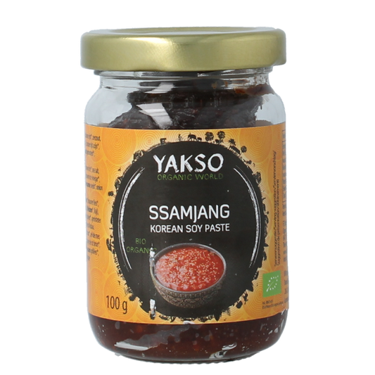 Yakso Ssamjang bio sauce in 100 grams, featuring a jar of organic Korean-style dipping sauce with spicy and savory flavors.