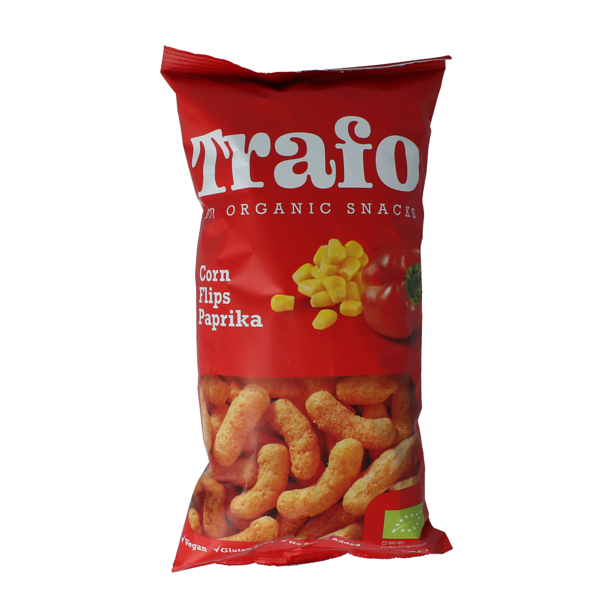 Trafo Paprika flips bio chips and zoutjes in 75g package, crispy snack with paprika flavor from Trafo brand.