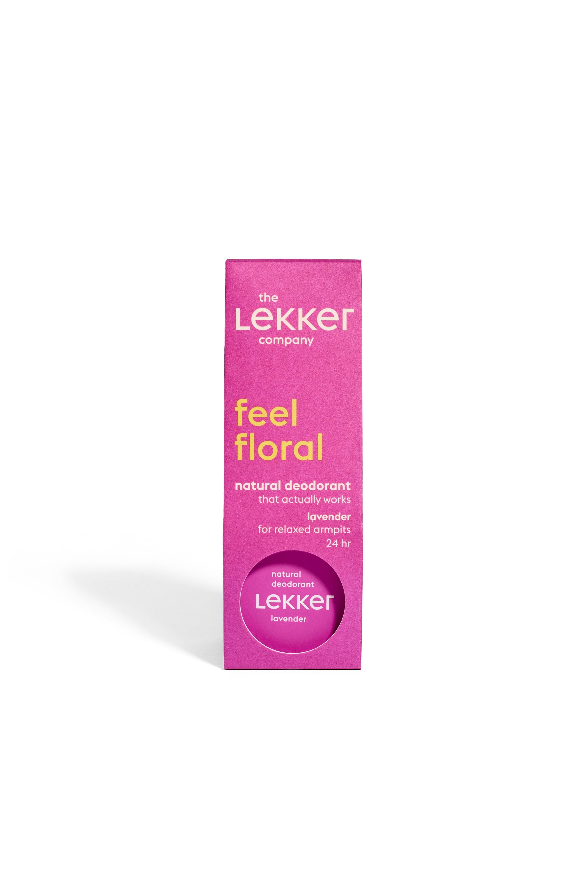 Lekker Company lavender deodorant stick with 30g weight, featuring a sleek design and lavender scent.
