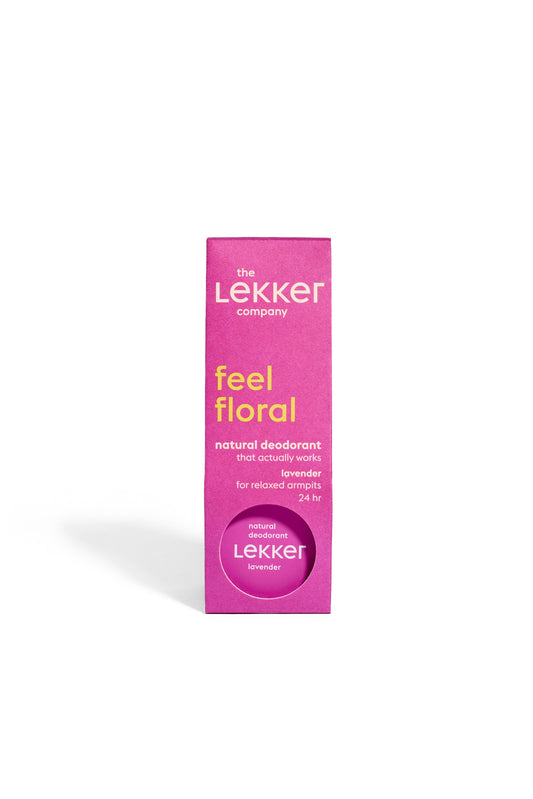 Lekker Company lavender deodorant stick with 30g weight, featuring a sleek design and lavender scent.