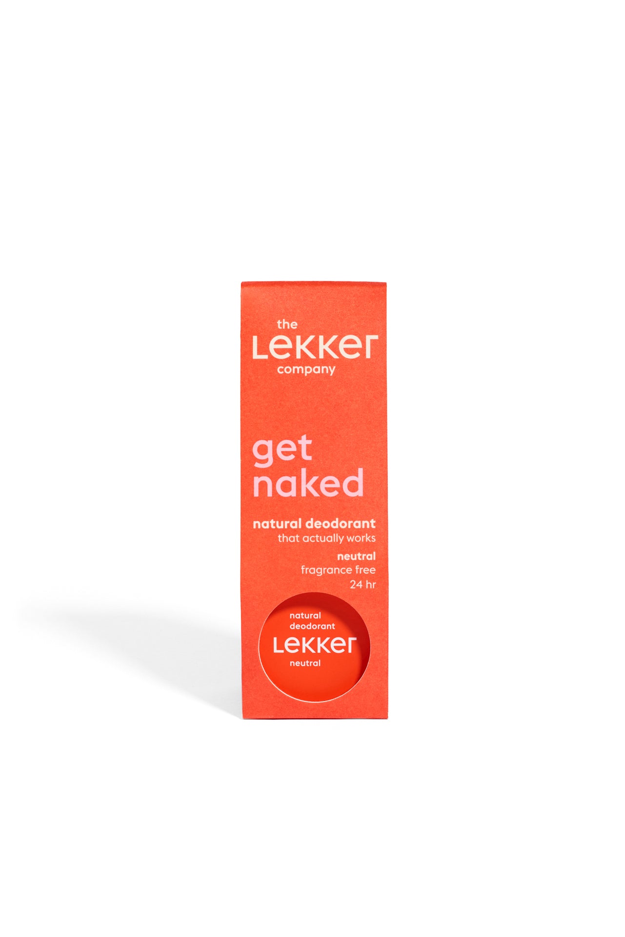 Lekker Company neutraal deodorant stick, 30g, natural scent in a sleek white container with a twist-up mechanism.