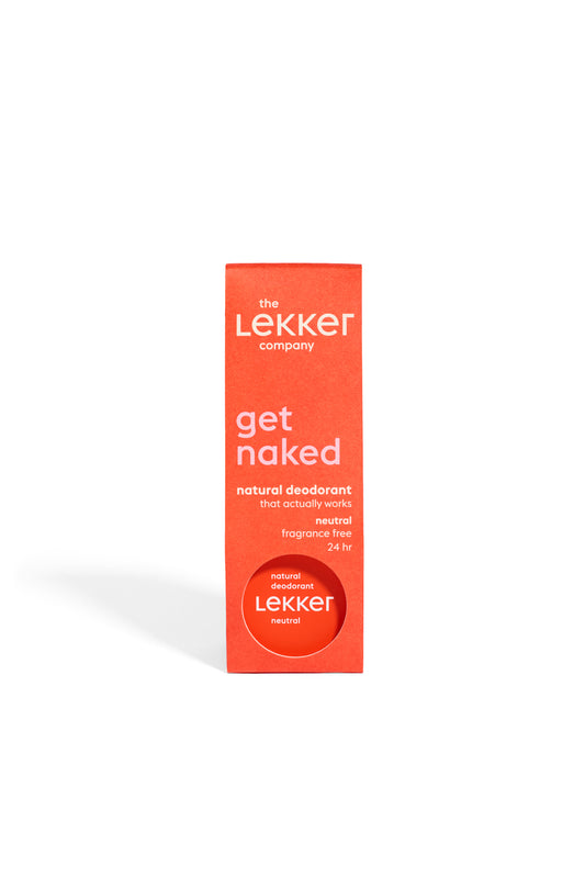 Lekker Company neutraal deodorant stick, 30g, natural scent in a sleek white container with a twist-up mechanism.