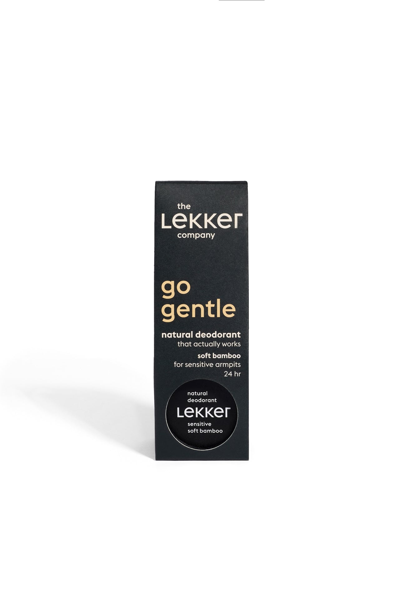 Lekker Company natural bamboo deodorant for sensitive skin, 30g, with soft bamboo packaging and clear product label.
