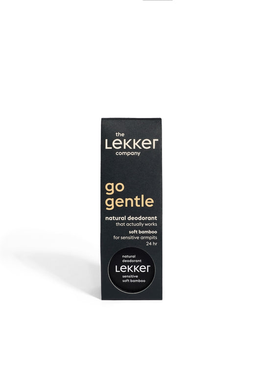 Lekker Company natural bamboo deodorant for sensitive skin, 30g, with soft bamboo packaging and clear product label.