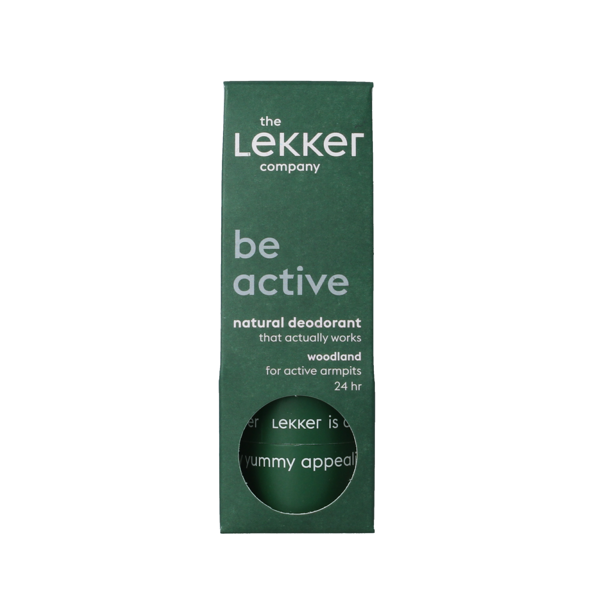 Lekker Company woodland deodorant stick with 30g, natural scent, in a sleek container.