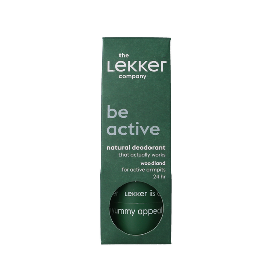 Lekker Company woodland deodorant stick with 30g, natural scent, in a sleek container.